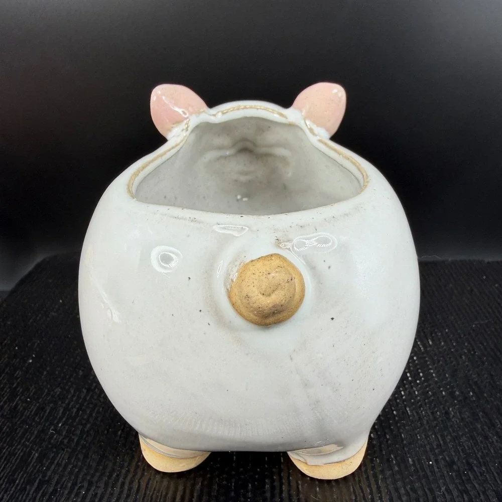 Smiling Ceramic Pig Planter White Pink Indoor Succulent Pot‎ Drainage Hole 6x4